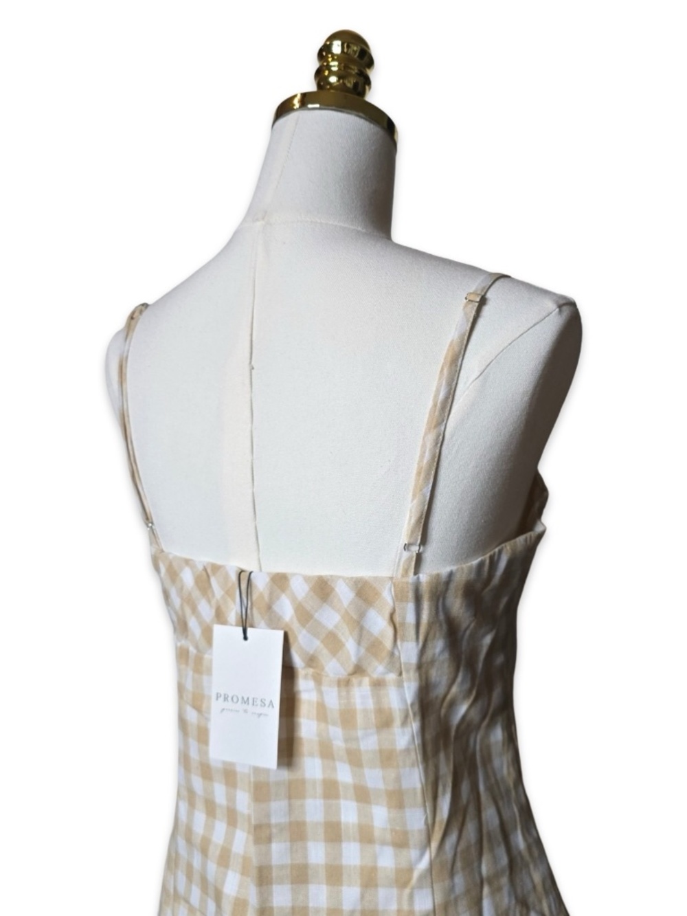 New Promesa Gingham Sundress in Champagne Mini Flare Dress Size Medium NWT - Picture 3 of 6